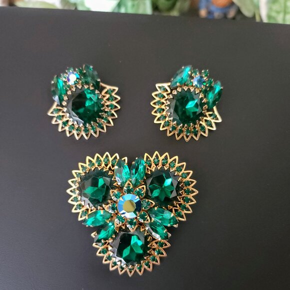 Vintage Judy Lee Jewels Emerald Green Rhinestone Brooch & Earring Set - Picture 1 of 11
